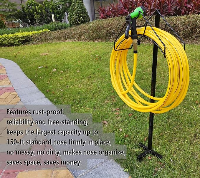 Artigarden Freestanding Garden Hose Holder Hanger, Heavy Duty Metal Water Hose Reel Storage Stand Rack for Yard Lawn, Bright Black (Hose not Included)