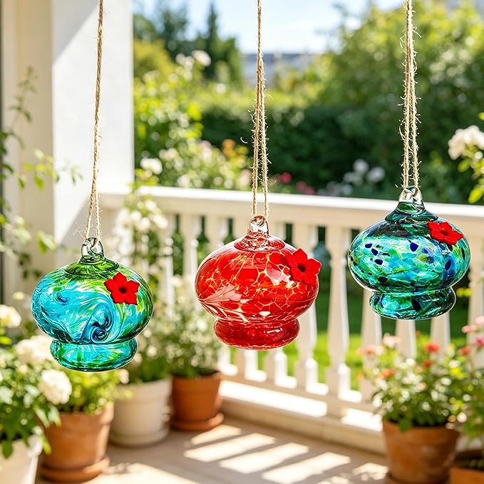 3pcs Blown Glass Hummingbird Feeder Hanging Glass Bird Feeders with Flower Feeding Ports for Window Backyard Garden Outdoor Decor Gifts for Women