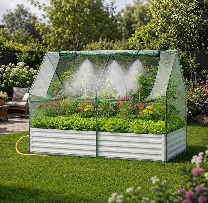 Garvee 72"x36"x12" Raised Garden Bed Kit with Pitched Roof Greenhouse Cover & Irrigation, 3-in-1 Metal Planter Box with Self-Watering System & Insect Mesh, Outdoor Raised Bed for Vegetables Flowers