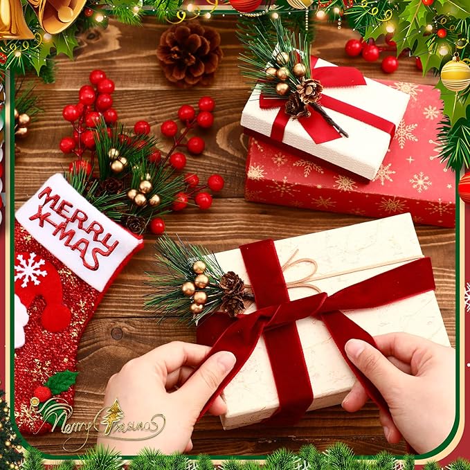 100 Pieces Mini Artificial Christmas Floral Pine Picks Red Berry Picks Holly Red Berry Stems Green Pine Needles for Christmas Tree Wreath Gifting Props Winter Holiday