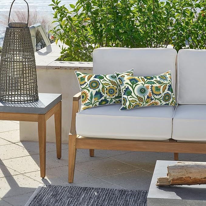 LVTXIII 2 Pack Outdoor Lumbar Pillow Covers 12x20 Inch with Piping, Water-Repellent Back Cushion Covers ONLY for Patio Furniture, Sofa, Garden Bench, Fiesta Floral