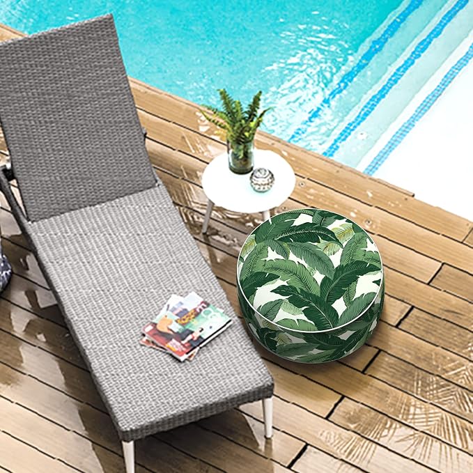 LVTXIII Outdoor/Indoor Round Inflatable Ottoman, All Weather Patio Footstool, Portable Footrest Seat for Patio Garden, Camping or Home, 21"x21"x9", Swaying Palms Green