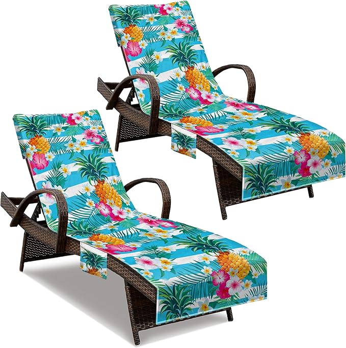 Lounge Chair Towel Cover, Beach Chair Cover (Pack of 2), Pool Lounge Chair Covers for Outdoor,Garden, Beach,Sun Lounger,Hotel Pool,Large Size and No Sliding, 85" X 30", Pineapple