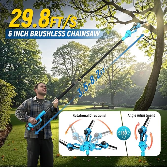 2-in-1 Pole Saw 6 Inch Cordless Handheld Chainsaw, Battery Powered Electric Chain Saw for Tree Trimming Branch Cutting Wood Pruning 15 FT Max Reach 1 * 20V 4A Battery & Charger