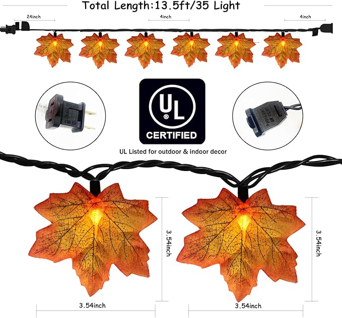 GOOTHY Fall Decor Orange Maple Leaf String Lights Plug in, 13.6Ft LED Outdoor Thanksgiving Decorations Lights with 35 Maple Leaves Light, Hanging Halloween Leaves Light for Outdoor Fall Party Window
