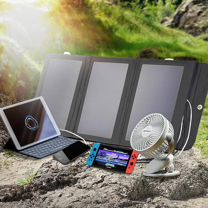 ALLPOWERS SP002 5V 21W Solar Panel, Portable Solar Charger, 3 USB Output & 2 USB Input Waterproof Foldable Solar Panel, PD 18W Fast Charging, High Efficiency Conversion for RV, Outdoor, Camping