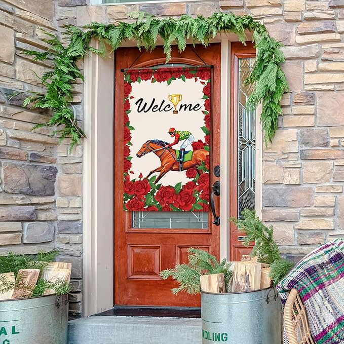 Tegeme 3 Pcs Derby Day Door Banner Derby Day Hanging Flag Decor Roses Horse Racing Festival Door Hanger Sign for Holiday Party Outdoor Indoor Home