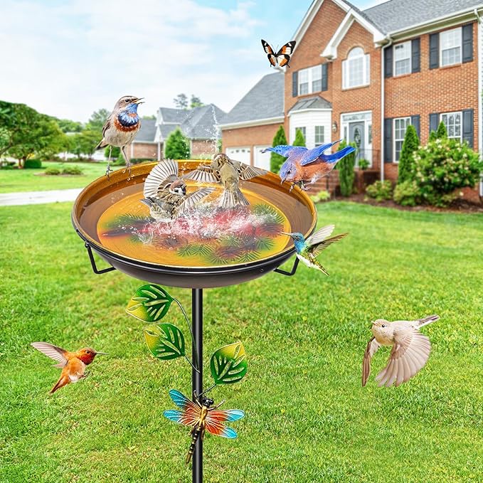 Metal Bird Bath for Outside, Freestanding Garden Birdbaths & Birdfeeder with Upgraded 5 Prongs Base, 35.4In Bird Baths Feeder Water Bowl for Outdoors Patio Yard Lawn Art Decor (Orange-Yellow)