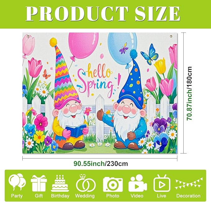 BlissYard 8x6ft Spring Gnome Garden Backdrop Hello Spring Photo Background Colorful Floral Party Banner Cute Cartoon Scene for Easter Baby Shower Birthday Classroom Event Photography Decoration