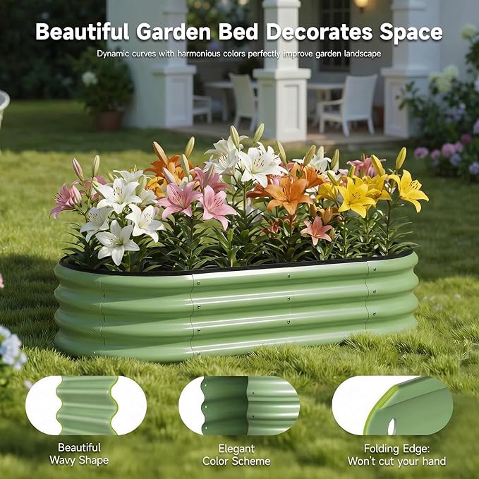 2PCS 4x2x1 FT Oval Metal Raised Garden Bed Kit, Elevated Garden Planter Box Outdoor, Trough Planter for Outdoor Plants, Flower, Vegetables, Fruit, Herbs (Green)