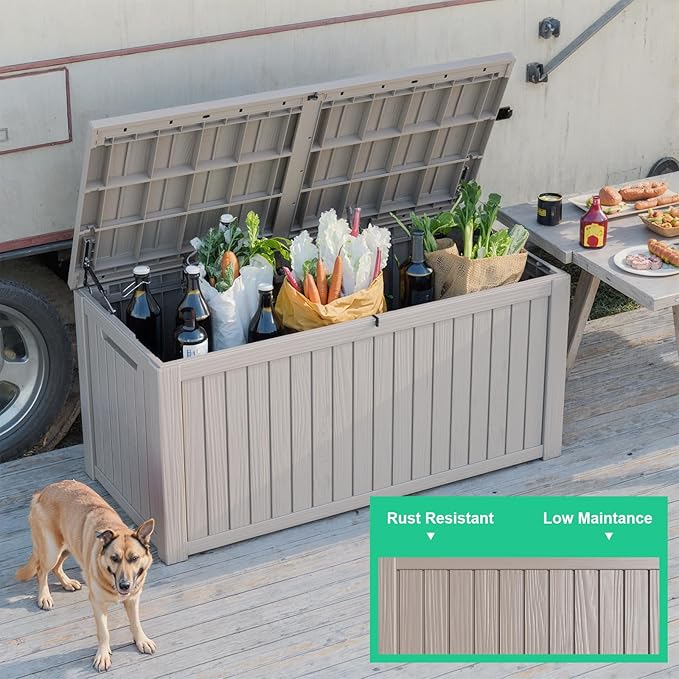 180 Gallon Outdoor Storage Box, Waterproof Resin Deck Box for Patio Cushions & Gardening Tools, Lockable & Durable Outdoor Storage Bin, Stylish Grey Design