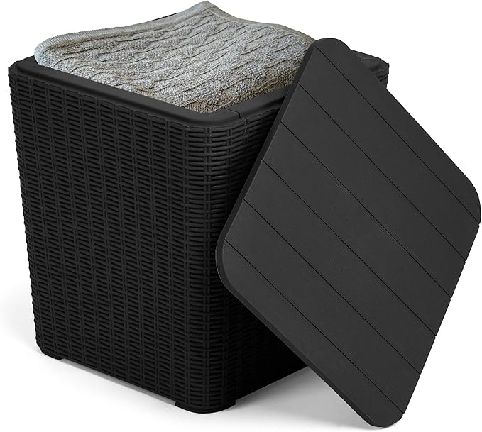 YITAHOME Resin Outdoor Deck Box Coffee Table, Waterproof Side Table, Outdoor Sstorage Box with 11.5-Gallon Storage Box for Patio, Cushions, Supplies, Black, Wood Panel+Rattan