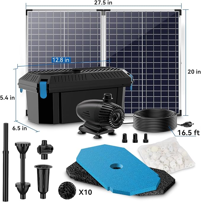 Antfraer 70W Solar Pond Pump with Filter Kit, 27FT Cord Foldable Monocrystalline Solar Panel, 3-Stage Pond Filter for Outdoor Ponds, Koi Ponds, Waterfalls & DIY Water Features
