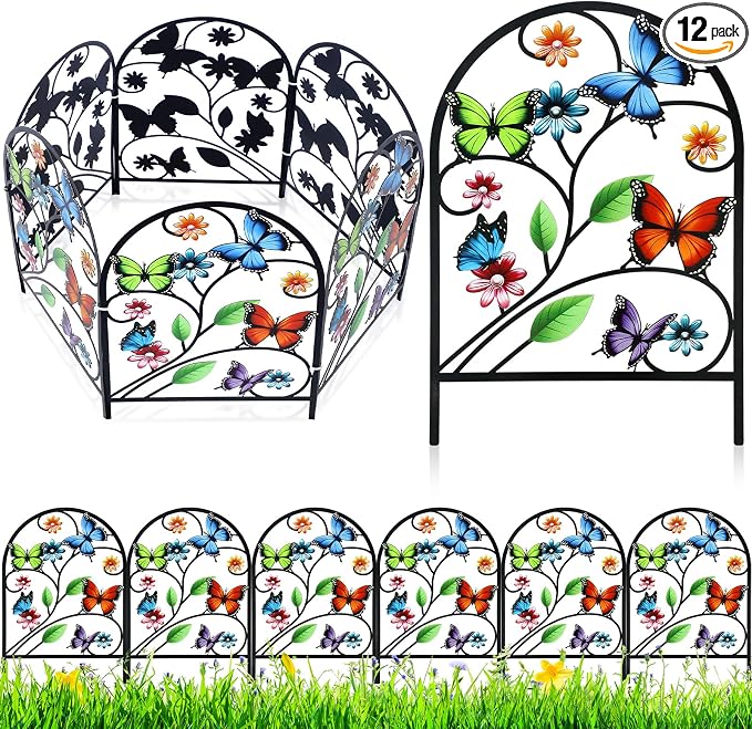 Yaocom 12 Pack Butterfly Decorative Garden Fence 16.5''H x 11.8''W Animal Barrier Border Butterfly Flower Design Metal Arch Garden Fence Border for Spring Outdoor Patio Yard Landscape Decoration