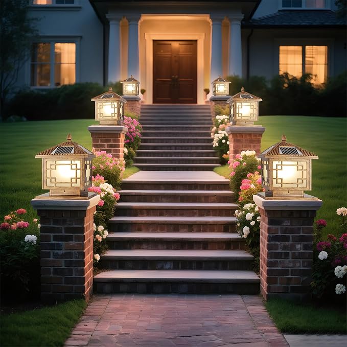SLAWA Outside Housing Post Lighting Fixtures 9.8In Solar Post Caps Lights Bronze Aluminium Waterproof Column Light Outdoor Solar Powered Landscape Lighting Porch Pillar Lamp Fence Deck Mailbox Lantern