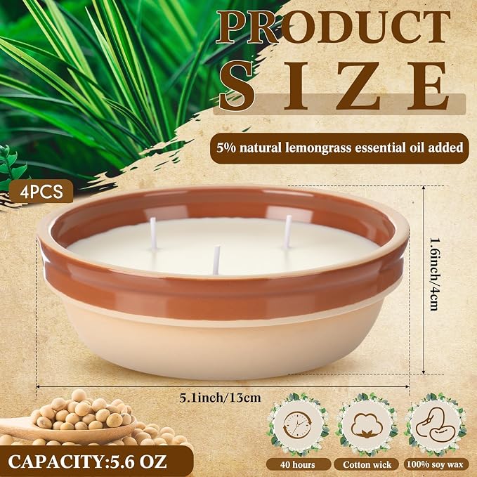 Conelist 4 Pcs Citronella Candles Outdoor in Coarse Pottery Container 5.6 oz 3 Wick Citronella Soy Wax Jar Candles with 5% Natural Oil 120 Hours Burn Time for Patio Backyard Deck Summer Nights