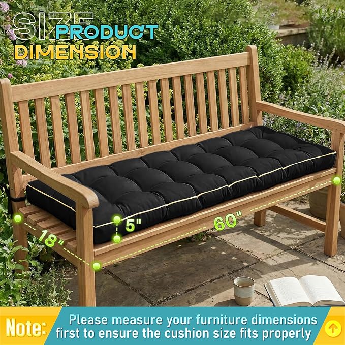 Outdoor Bench Cushion, Tufted Patio Seat Pad for Garden Bench, Porch Swing, Indoor/Outoor Furniture (Black, 60X18X5)