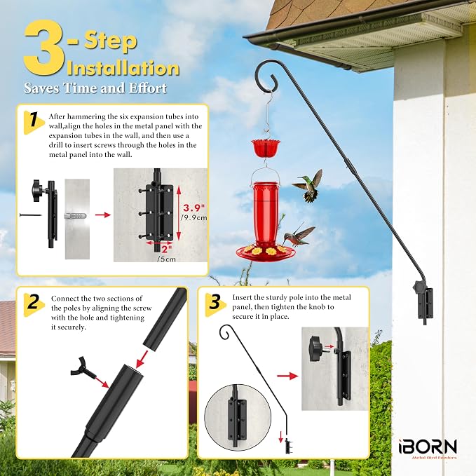 iBorn 16OZ Hummingbird Feeders for Outdoors with Built-in Ant Moat&28" Wall Mount Deck Hook,180° Rotatable Arm, Solid Wire, Pack of 1