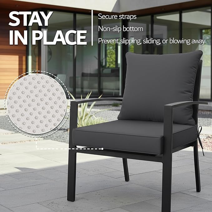 22x22 Inch Patio Chair Cushions Set of 2, Outdoor Furniture Cushions - Removable Cover, Water-Repellent, Fade-Resistant, Non-Slip Bottom & Straps, Replacement for Lawn, Porch & Deck Chair - Dark Grey
