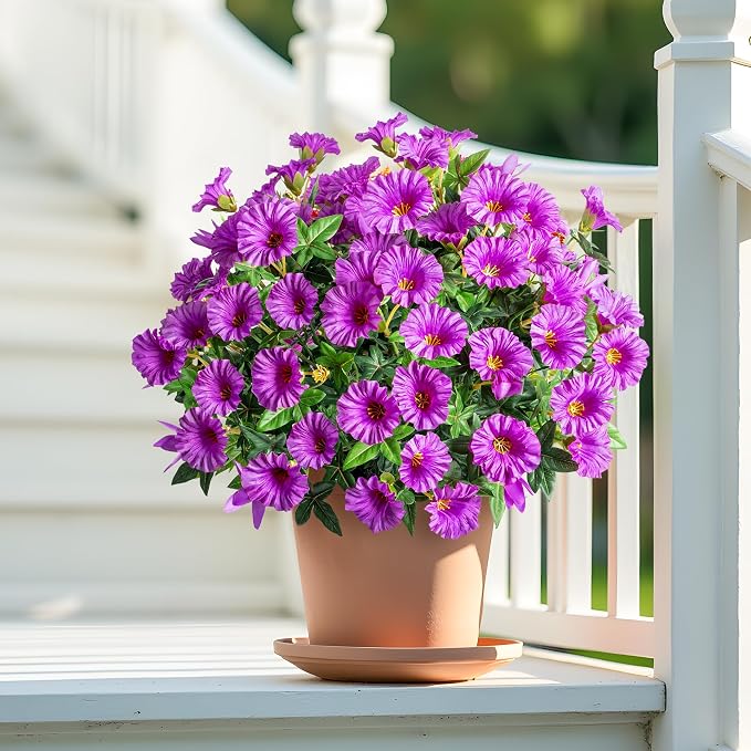 Purple Artificial Morning Glory Flowers for Outdoor Planters, Premium UV Resistant Silk Faux Flowers for Porch, Hanging Basket & Window Box, Cottage Garden Decor, No Pot, 13.3 Inch, 8 Bundles