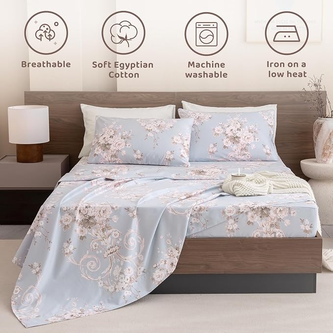 QSH Floral King Size Sheet Sets - 100% Egyptian Cotton Floral Bedding Sheets Blue Vintage Paisley Flower Pattern Printed Bedding King Size Bed Sheets 17.5" Extra Deep Pocket 4pcs