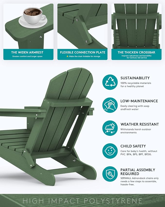 SERWALL Foldable Adirondack Chair with Cup Holder Set of 2 for Patio Garden Outdoors Fire Pit Chairs-Avocadogreen