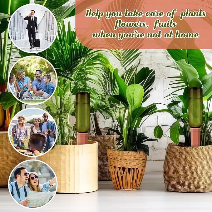 Teenyyou 12 Pcs Watering Spikes for Indoor Plants Include 6 Terracotta Self Watering Spikes Devices and 6 Pcs 26 oz Plastic Bottles Slow Release Vacation Insert Automatic(Green)