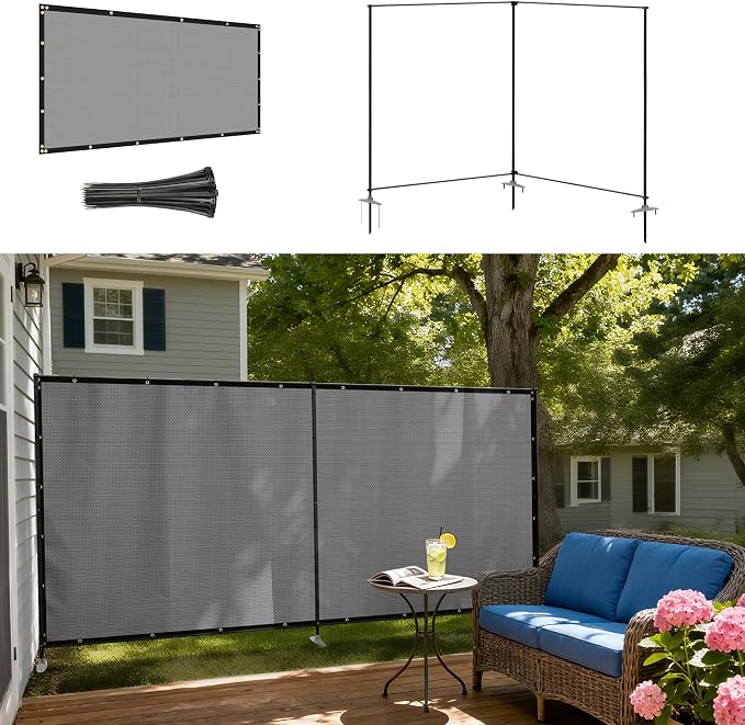 Windscreen4less Outdoor Privacy Fence Screen, 6'x4' Freestanding Privacy Fencing Set with Iron Poles and Ground Spikes, UV Resistant Mesh Cover Garden Pet Fencing for Backyard Patio Pool, Light Gray