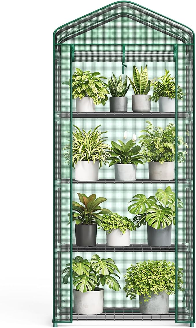 NEWBULIG Mini Greenhouse with Durable PE Cover Roll-up Zipper Door 4 Tier, 27"×19"×63" Small Greenhouse for Outdoors Indoor Balcony, Porch, Garden, Patio, Backyard Green Houses, Green