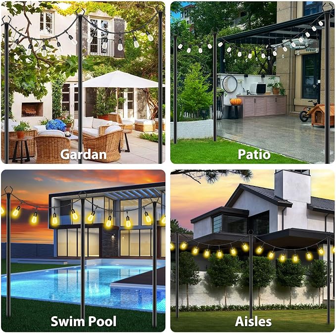 zoegi 6 Pack 10Ft String Light Poles,Light Poles for Outside Lights with Fork,Outdoor Brackets Hanging Lights,Metal Stand for Deck Patio,Backyard,Wedding,Deck,Party