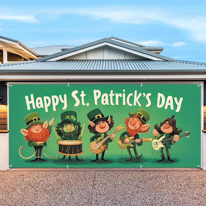 7 * 16FT Summer Garage Door Cover Decorations Sunset Palm Trees Garage Door Banner for Outdoor Indoor Summer Party Photography Backdrop (Happy St. Patrick's Day, 6 * 13 ft)