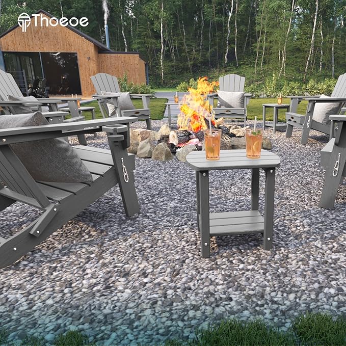 THOEOE Adirondack Outdoor Side Table, 2-Tier Sturdy Patio End Table Weather Resistant, Morden Side Table for Patio, Pool, Porch, Grey