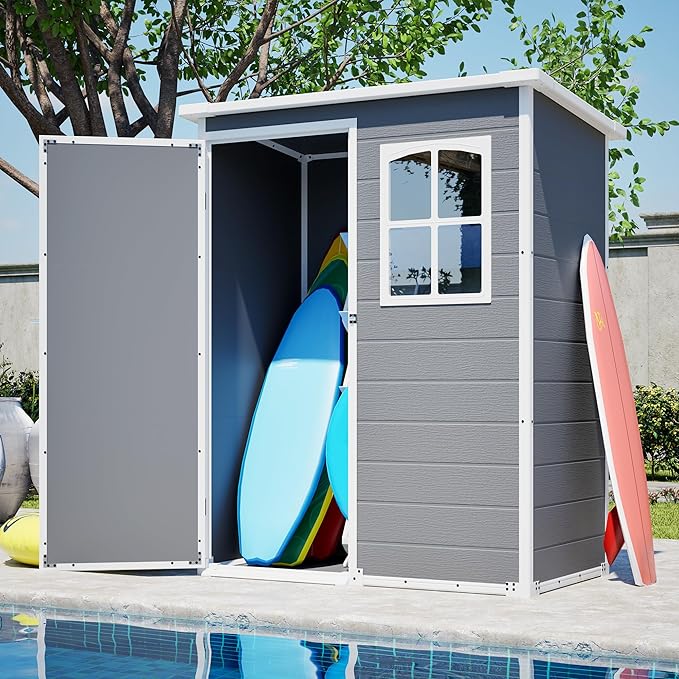 YOPTO 5x3ft Resin Outdoor Storage Shed Weather Resistant with Floor,Outdoor Resin Storage Shed W/Window,Garden Tool House W/Lockable Door,Pitched Roof & Drainage Holes,for Backyard,Patio,Lawn,Gray