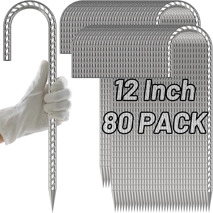 AAGUT Rebar Stakes 12 Inch J Hook Heavy Duty 80 Pack, 5/16 Inch Galvanized Metal Steel Ground Anchors Chain Link Fence Stakes for Camping Tent, Inflatables, Yard Decorations, Canopies & Swing Sets