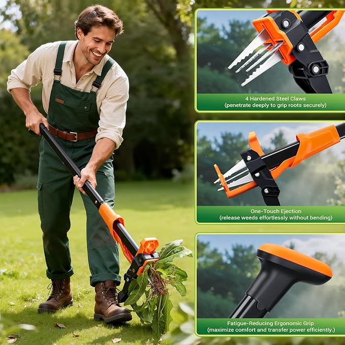 Weed Puller Tool - Stand Up Weed Puller with 4-Claw Steel Head, 39"-46" Retractable Handle & Easy-Eject Mechanism for Dandelions, Clover & More, No Bending or Kneeling