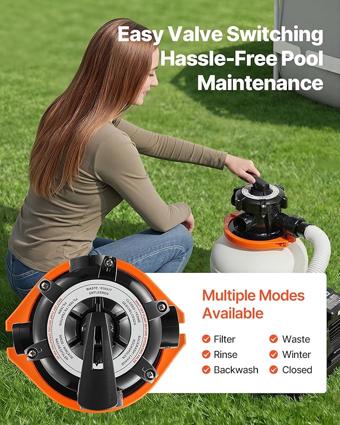 VEVOR 12" Sand Filter Pump for Above Ground Pools Up to 15000 Gallons, 0.33 HP 3000 GPH Pool Filtration System, Pre-Assembled Core for Easy Setup, Leak-Resistant Design & 6-Way Valve