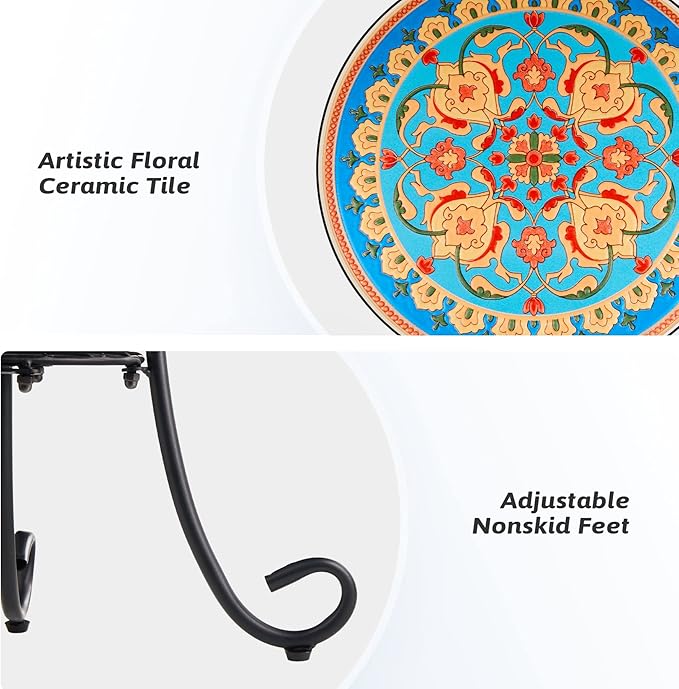 VONLUCE Patio Side Table and Plant Stand, 21" End Table with 14" Ceramic Tile Top for Porch Garden Decor, Indoor & Outdoor Accent Table, Living Room Bedroom Balcony Furniture for Home Garden, Faberge