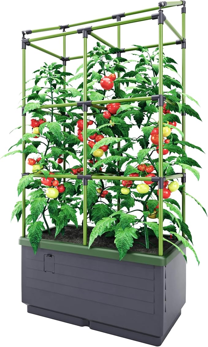 BioGreen Raised Garden Bed with Trellis CITY JUNGLE | 8.98 gal | 13“L x 24“W x 63.4“H | Integrated Irrigation System | Grey Self-Watering Planter Box