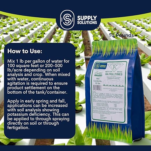 Supply Solutions Sulfate of Potash 0-0-50 - Organic Potash Fertilizer - Suitable for Fertigation, Drip Systems, Foliar, Hydroponics, Greenhouse Use - Ideal for Flowers, Fruits, Gardens (10 Pounds)