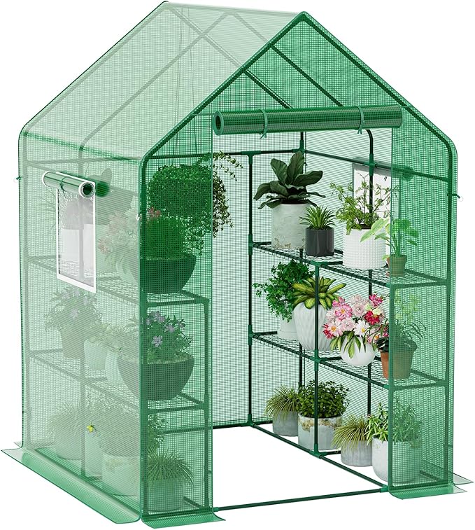 56×56×78Inch Walk-in Greenhouse for Outdoors with Screen Windows, Heavy Duty Small Plant House with Thicken PE Cover and Steel Shelves, Portable Green House for Outside Garden Winter, Green