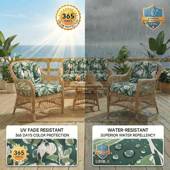 1 MIDDLE ONE Wicker Chair Cushions 3 Pieces Set for Outdoor Furniture, Replacement Patio Wicker Furniture Cushions, 1Pc Loveseat Cushion & 2Pcs Chair Cushions (Green Tulip)