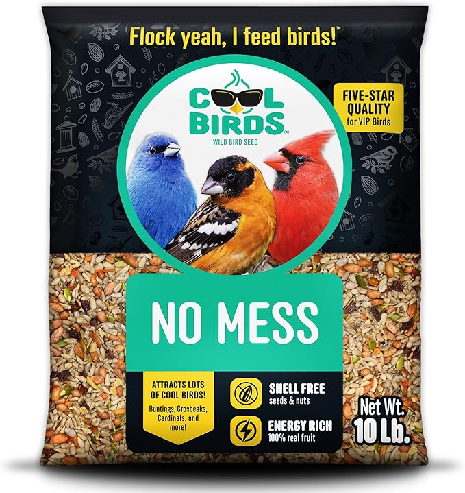 Cool Birds No Mess with Fruit Wild Bird Seed – 10 lb. 100% Edible Shell-Free Blend with Sunflower Hearts, Peanuts, Tree Nuts, Pumpkin Seed & Real Fruit – No Waste Bird Seed for Outside Feeders