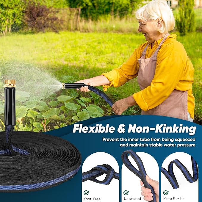 Garden Hose 100ft, Non-Expanding Water Hose, 8 Function Nozzle, Flexible Ultra-Light, Anti-Kink, Wear-Resistant, Portable, Easy Storage, Hose with 3/4 for Outdoor, Garden, Yard, Black Dark Blue