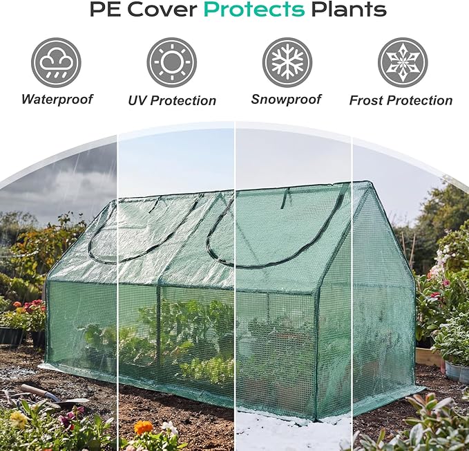 BPS 6x3x3 ft Mini Greenhouse with Green PE Cover Cover UV-Protected Roll-Up Zipper Windows, Ideal for Indoor or Outdoor Use on Raised Garden Beds