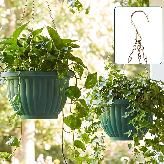 12 Sets Hanging Planters for Indoor and Outdoor Plants Self Watering Hanging Basket Flower Pots Plastic Plant Pots with Drainage Hole and Absorbing Tray(Green,10 Inch)