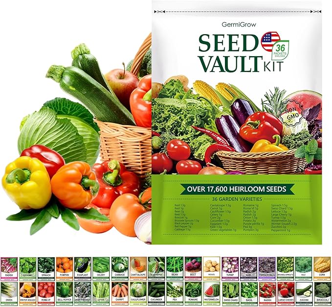 GermiGrow Survival Vegetable Seeds Vault Kit - 36 Heirloom Varieties, 17,600+ Non-GMO Vegetable Seeds for Planting Indoor/Outdoor & Hydroponic Gardening, Survival Gear & Emergency Seeds