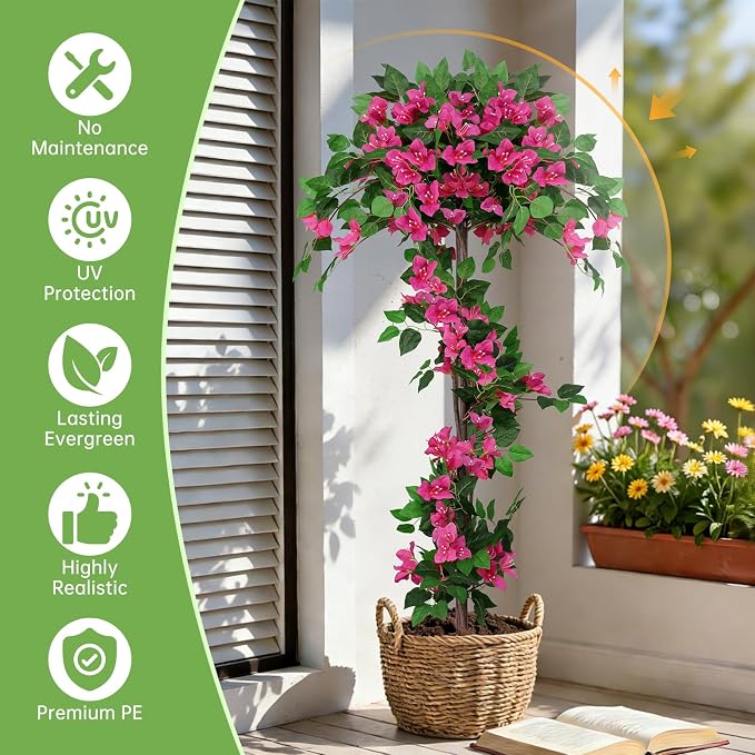 2Pack 5FT Artificial Bougainvillea Topiary Trees for Outdoor, Fake Silk Flowers Plants Bushes with Ground Spike, Faux UV Resistant Shurbs Trees for Outside,Front Porch,Patio,Balcony Decor