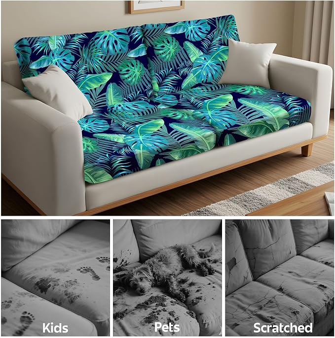 pickyNproud 4Pcs Patio Cushion Covers Stretch Outdoor Couch Cushions Slipcovers Replacement Washable Furniture Protector with Elastic Bottom Sofa Chair Seat Cover, Palm Leaves