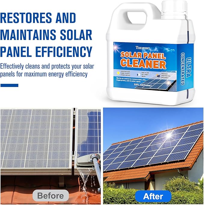 Teexpert Solar Panel Cleaner (32oz Makes 150 Gallons), Ultra Concentrated Glass & Solar Panel Cleaning, Pro Streak-Free Ultra Quick Dry Remove Dirt, Dust, Droppings, Oils, Fingerprints & Water Spots
