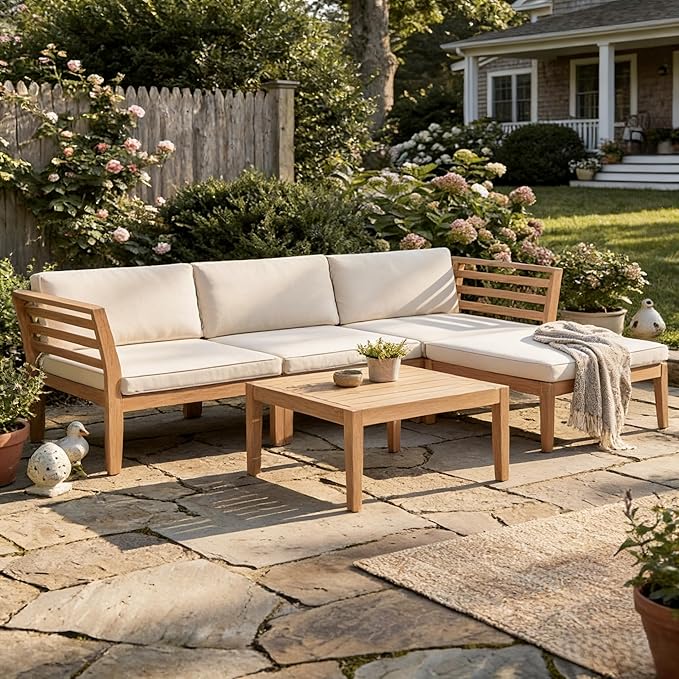Werph 5-Piece Acacia Wood Patio Sectional Set, L-Shaped Outdoor Sofa Garden Couch with Coffee Table & Removable Cushions for Backyard, Deck, Beige